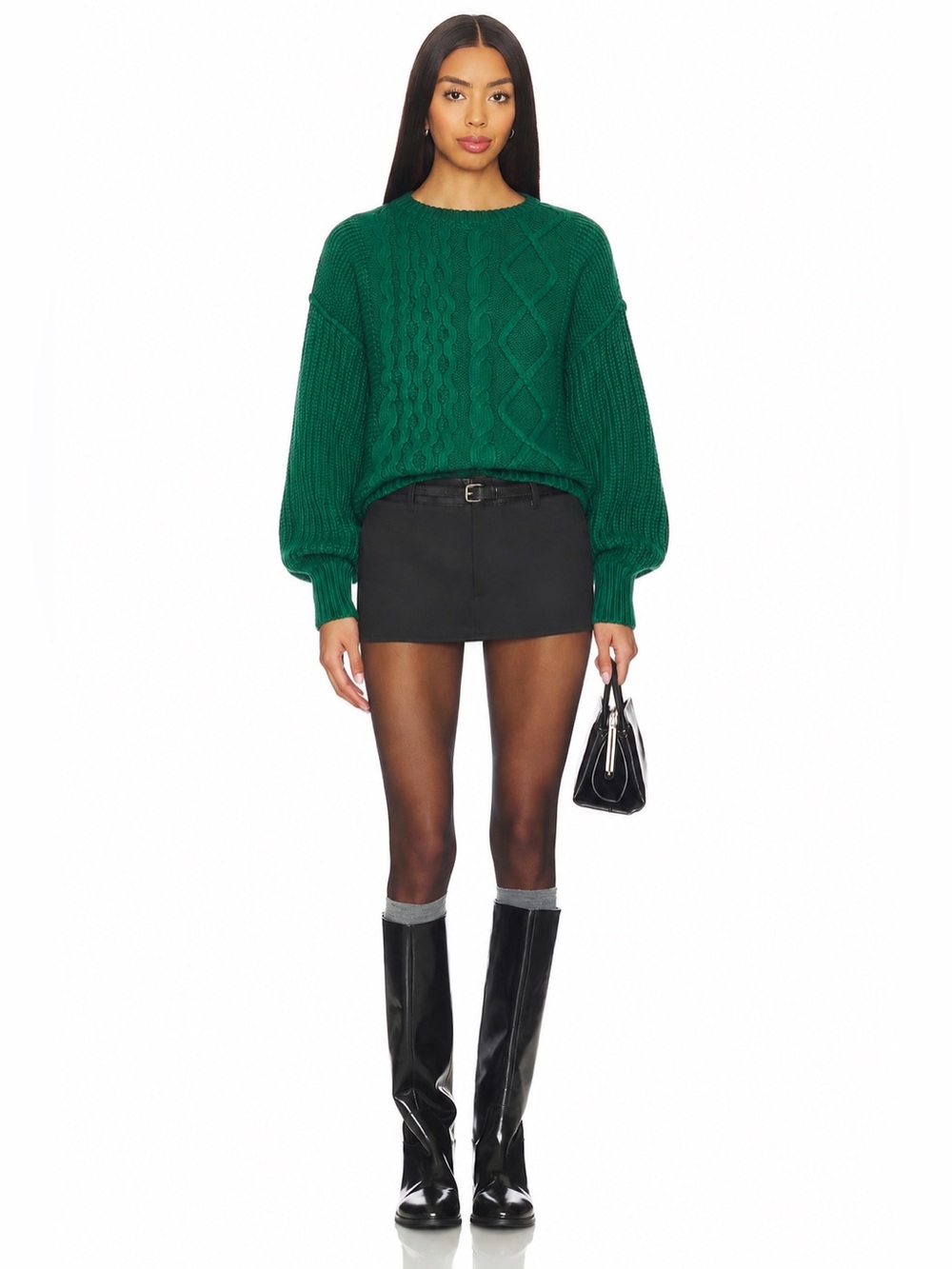 FREE PEOPLE Dream Cable Crewneck Sweater Green Chunky Knit Balloon Sleeve 📐L
